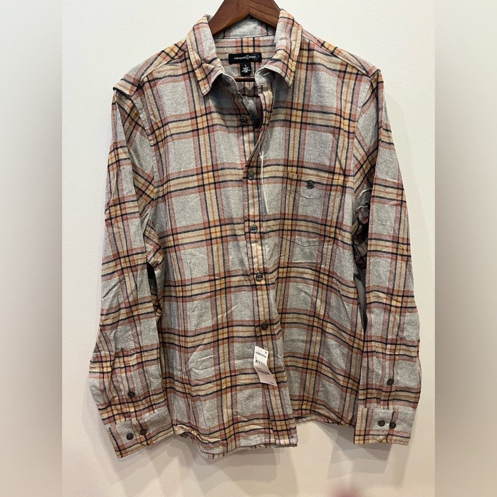 Treasure & Bond Gray and Brown Plaid Casual Flannel Button Down Shirt